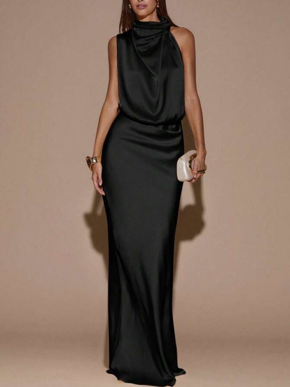 Elegant Satin Halter Evening Dress in Black